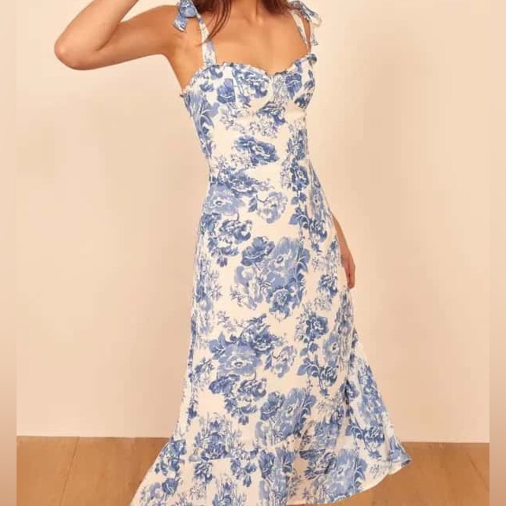 Reformation Nikita dress, blue and white floral pattern